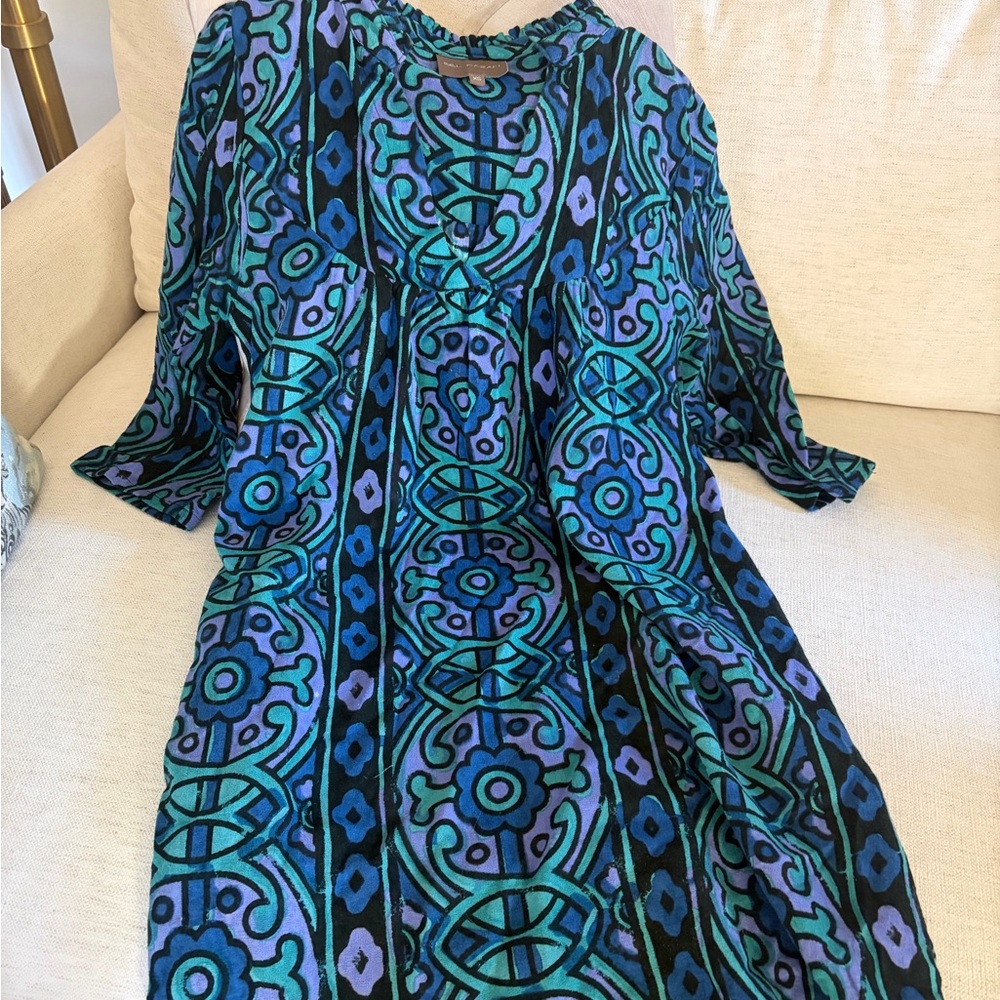 Bel Kazan Blue and Green geometric long sleeve dress